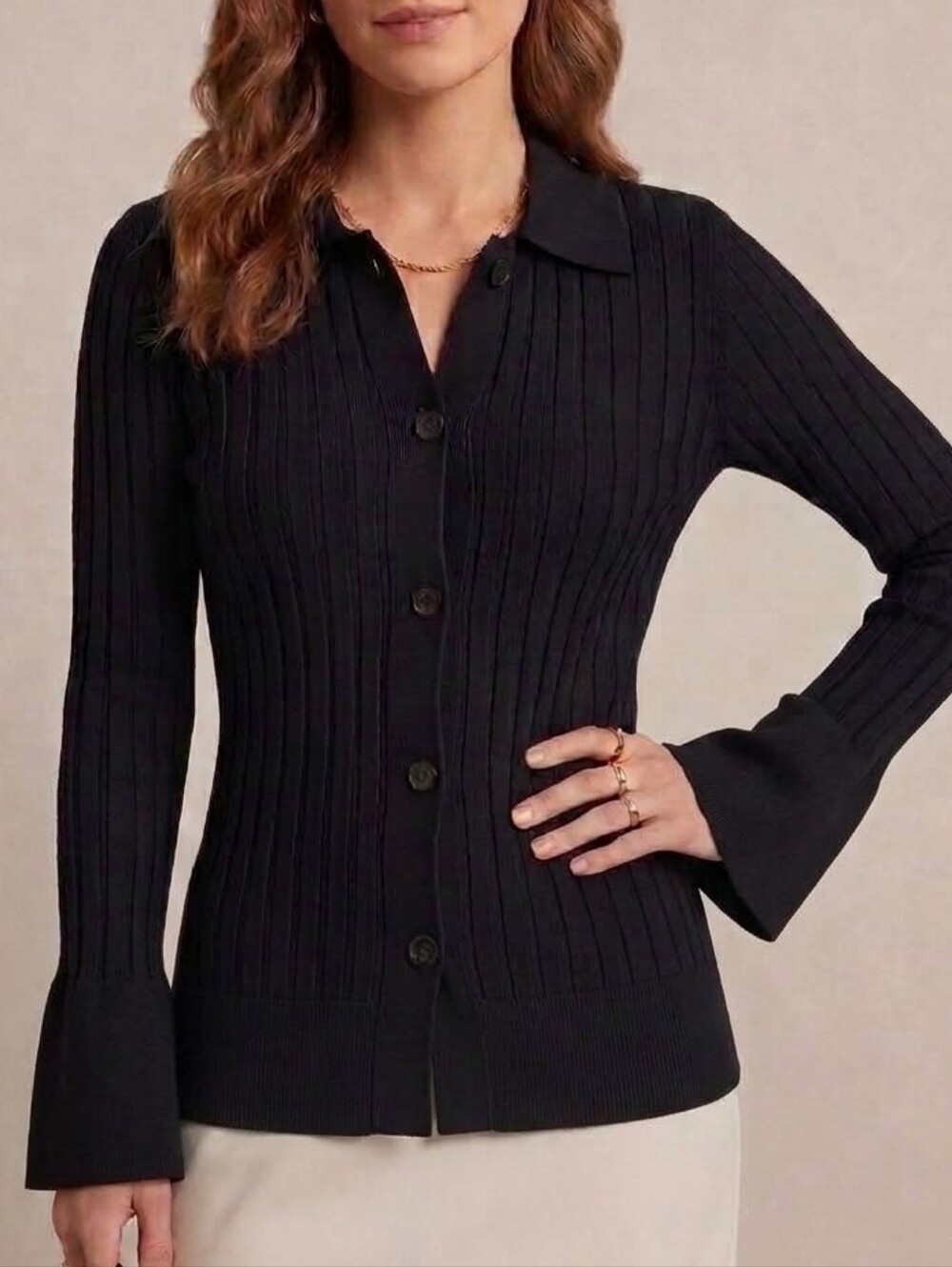 A New Day Black Cardigan Sweater Ribbed Knit Button Up Top XS Womens Bell Sleeve